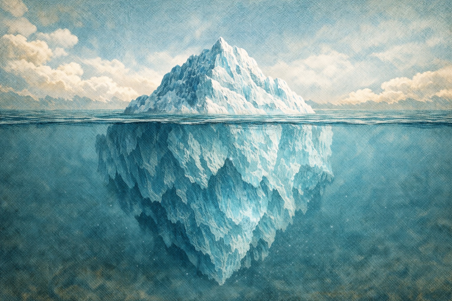 Iceberg with tip visible above the waterline and massive structure hidden below